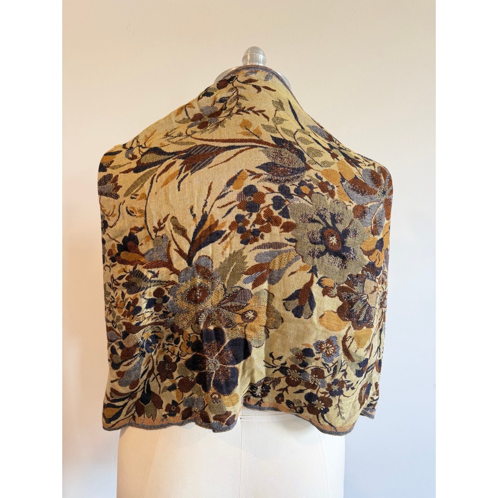 Floral Tapestry Reversible Rayon Fringed Shawl Wrap Scarf Gold Navy Brown India
